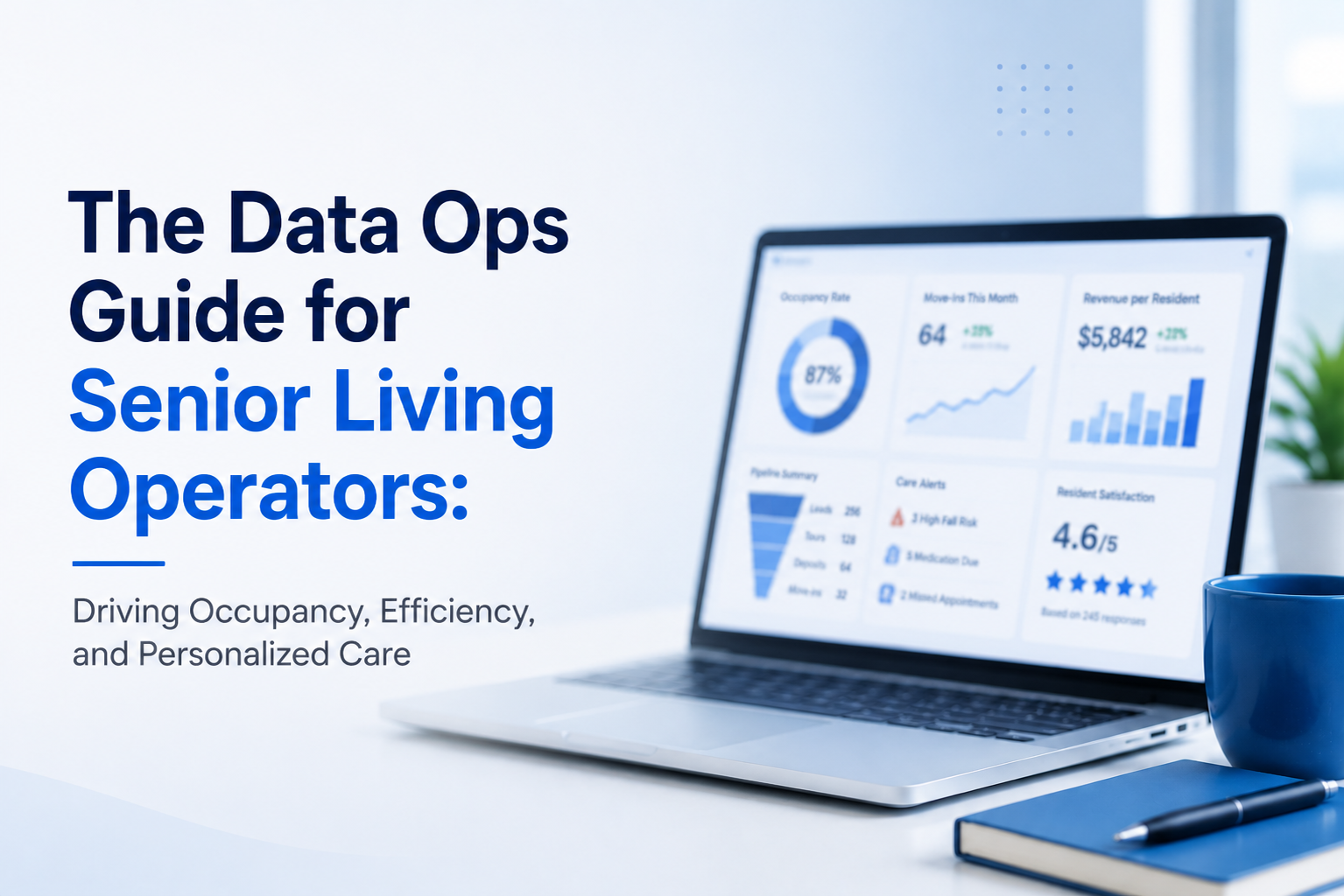 The Data Ops Guide for Senior Living Operators showcasing data analytics dashboard to improve occupancy, operational efficiency, and personalized resident care.