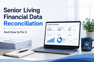 Senior living financial data reconciliation dashboard showing financial reporting, revenue, expenses, occupancy, and cash flow.
